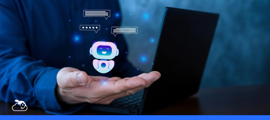 Ilustração representando uma assistente virtual para clínicas e atendimento digital. Na imagem, uma pessoa utiliza um notebook enquanto segura a mão aberta com a projeção de um robô virtual em destaque, acompanhado por ícones de mensagens de conversa ao redor. A cena simboliza automação, Inteligência Artificial e comunicação digital, reforçando o uso de uma assistente virtual para automatizar atendimentos, responder pacientes e otimizar a rotina de clínicas médicas e odontológicas.