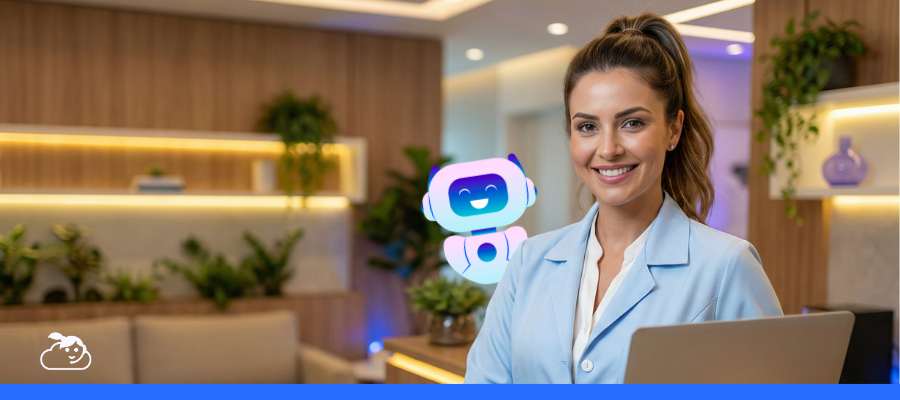 Profissional de clínica utilizando chatbot com Inteligência Artificial para atendimento automatizado e humanizado no WhatsApp em clínica de saúde