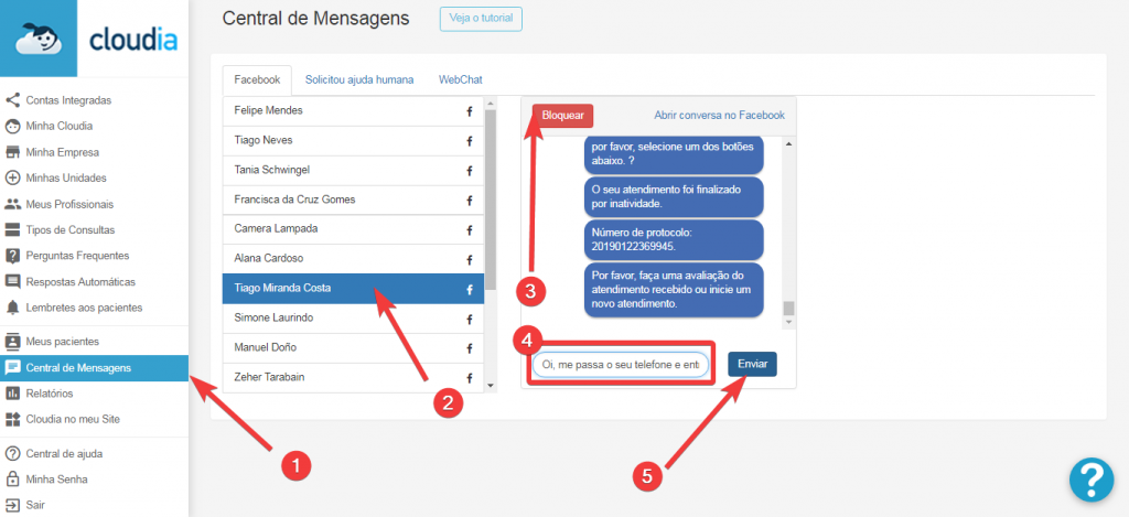 Menu “Perguntas Frequentes” - Cloudia - Chatbot para clínicas com