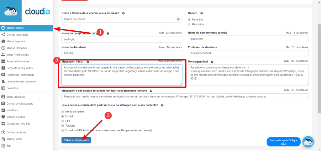 Configurações da Cloudia para o período de pandemia do Corona Vírus