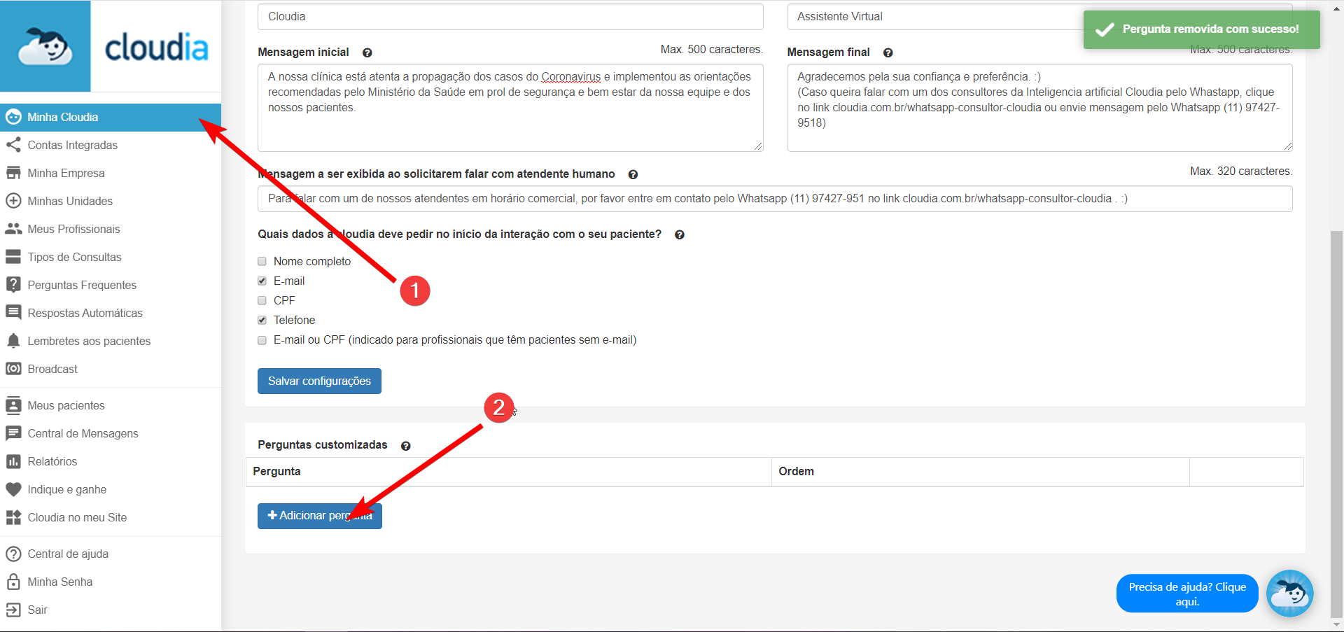 Menu “Perguntas Frequentes” - Cloudia - Chatbot para clínicas com