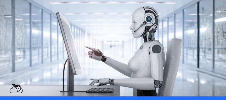 Robô humanoide branco com headset sentado em uma cadeira, interagindo com um monitor de computador em um corredor futurista, simbolizando um chatbot para WhatsApp com inteligência artificial.