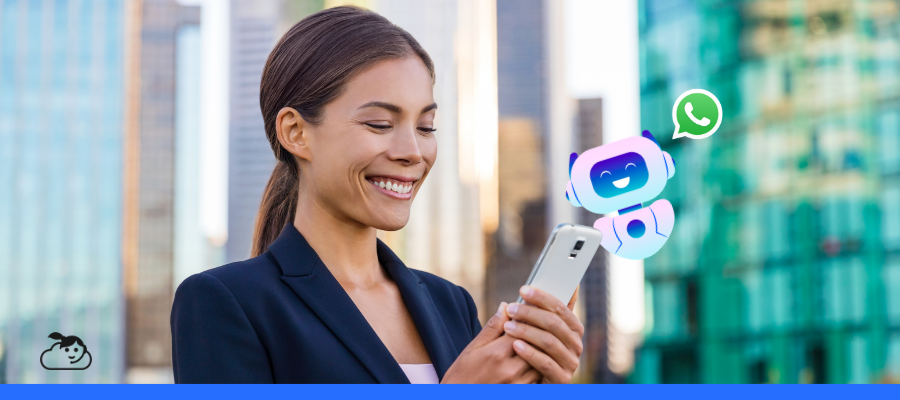 Mulher utilizando robô para WhatsApp no celular, representando automação de atendimento e chatbot inteligente para clínicas.