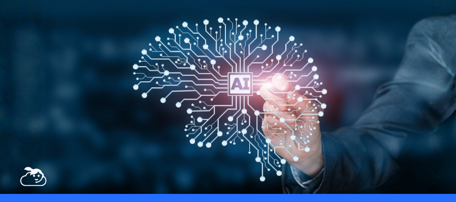 Pessoa interagindo com um holograma de cérebro digital com o símbolo “AI”, simbolizando a aplicação de inteligência artificial na saúde.