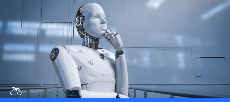 Robô humanoide branco e futurista, em pose de pensador (mão no queixo), simbolizando a inteligência e o raciocínio avançado de um chatbot com IA em um ambiente tecnológico.