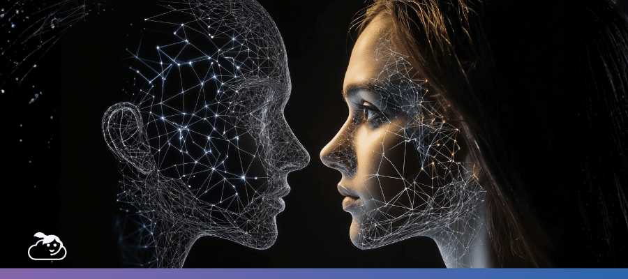 Duas silhuetas faciais de perfil, uma humana e outra digital (com linhas de conexão luminosas), se encarando em um fundo escuro, simbolizando a interação entre o ser humano e um agente de IA e chatbot.