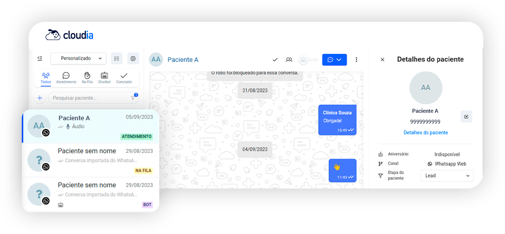 Interface da Central de Mensagens da Cloudia, mostrando a lista de pacientes, o chat de conversa (com indicação de bloqueio do robô) e o painel lateral de Detalhes do Paciente (CRM), ilustrando a gestão de atendimento multicanal.
