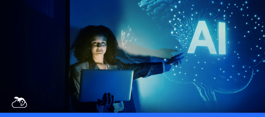 Profissional com um laptop fazendo uma apresentação sobre Inteligência Artificial (AI). O slide projetado tem a imagem de um cérebro