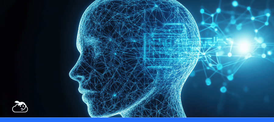 Perfil de uma cabeça humana formada por uma complexa rede neural digital em azul brilhante sobre um fundo escuro. Feixes de luz e conexões neurais se expandem da mente, ilustrando visualmente o fenômeno da alucinação de IA e o processamento de dados.