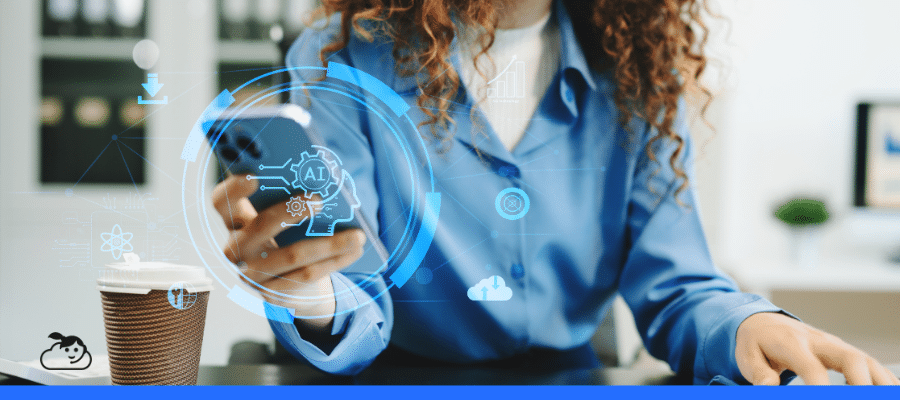 Pessoa utilizando um chatbot com IA em um smartphone, representando o uso de inteligência artificial no atendimento digital e na automação de respostas