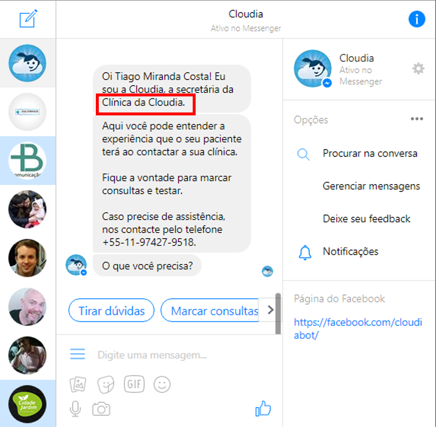 Menu “Perguntas Frequentes” - Cloudia - Chatbot para clínicas com